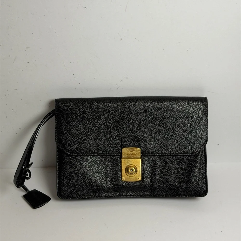 Vintage Givenchy Gentleman Black PebblLeather Pochette Clutch Wristlet Push Lock